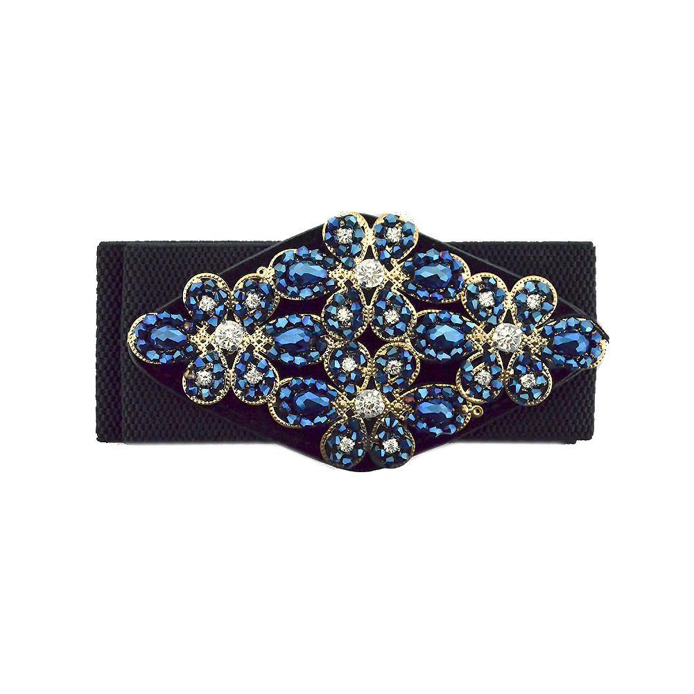 Women Handmade Rhinestone Inlaid Flower Wide Waist Belt Elastic Dress Waistband - MRSLM