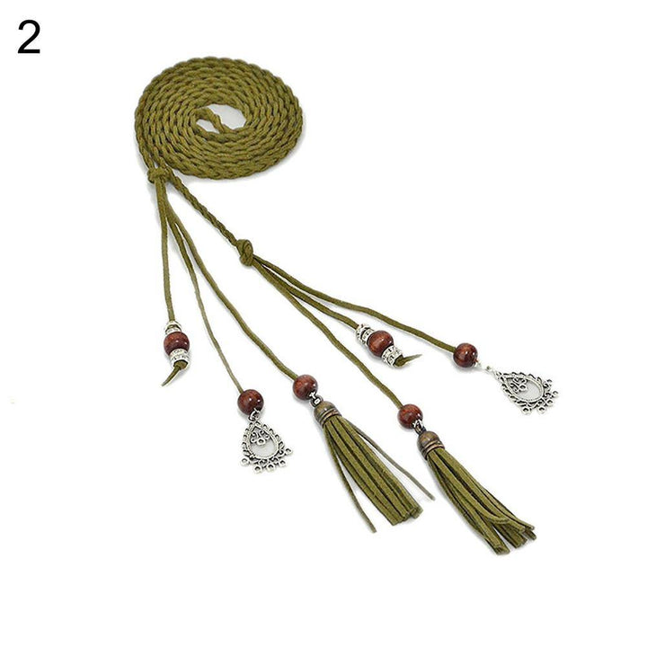 Women Braided Beads Tassels Thin Skinny Waist Rope Belt Self-Tie Dress Waistband - MRSLM