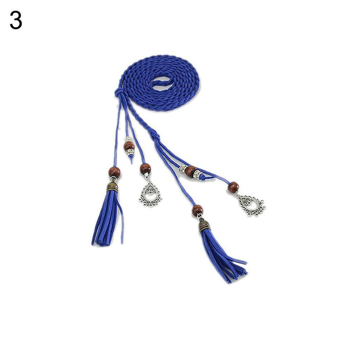 Women Braided Beads Tassels Thin Skinny Waist Rope Belt Self-Tie Dress Waistband - MRSLM