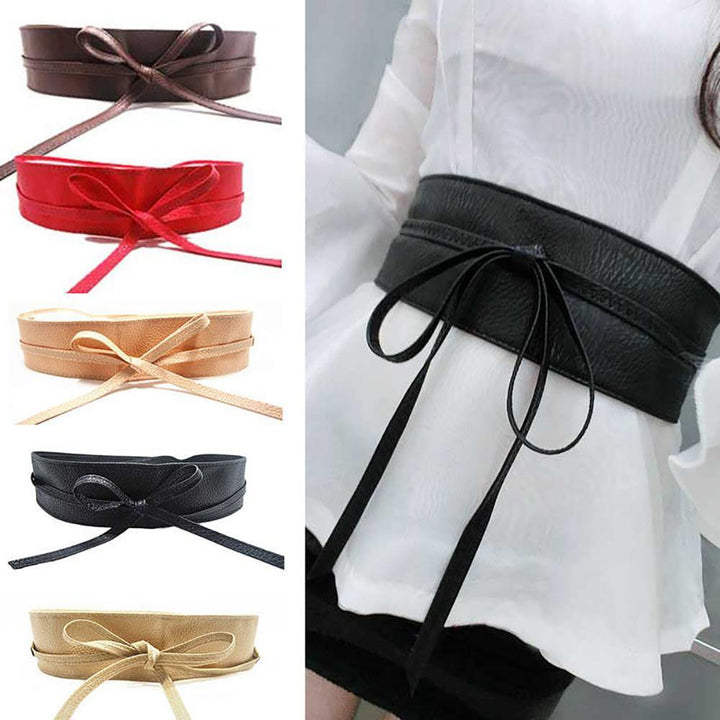 Fashion Women Faux Leather Wrap Around Tie Corset Cinch Waist Wide Dress Belt - MRSLM