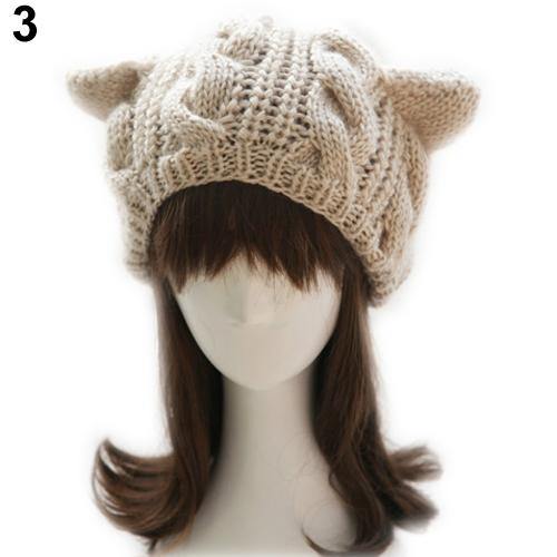 Women's Winter Knit Crochet Braided Cat Ears Beret Beanie Ski Knitted Hat Cap - MRSLM