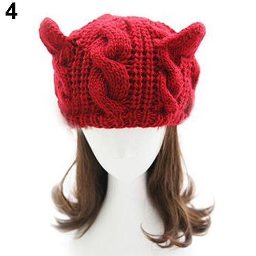 Women's Winter Knit Crochet Braided Cat Ears Beret Beanie Ski Knitted Hat Cap - MRSLM