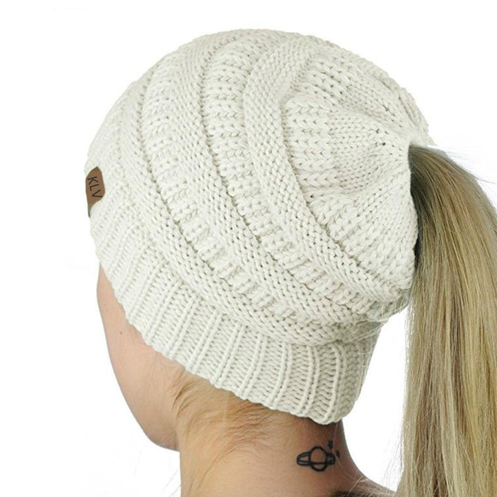 Fashion Women Soft Knitted Bun Ponytail Hat Crochet Warm Sports Beanie Cap - MRSLM
