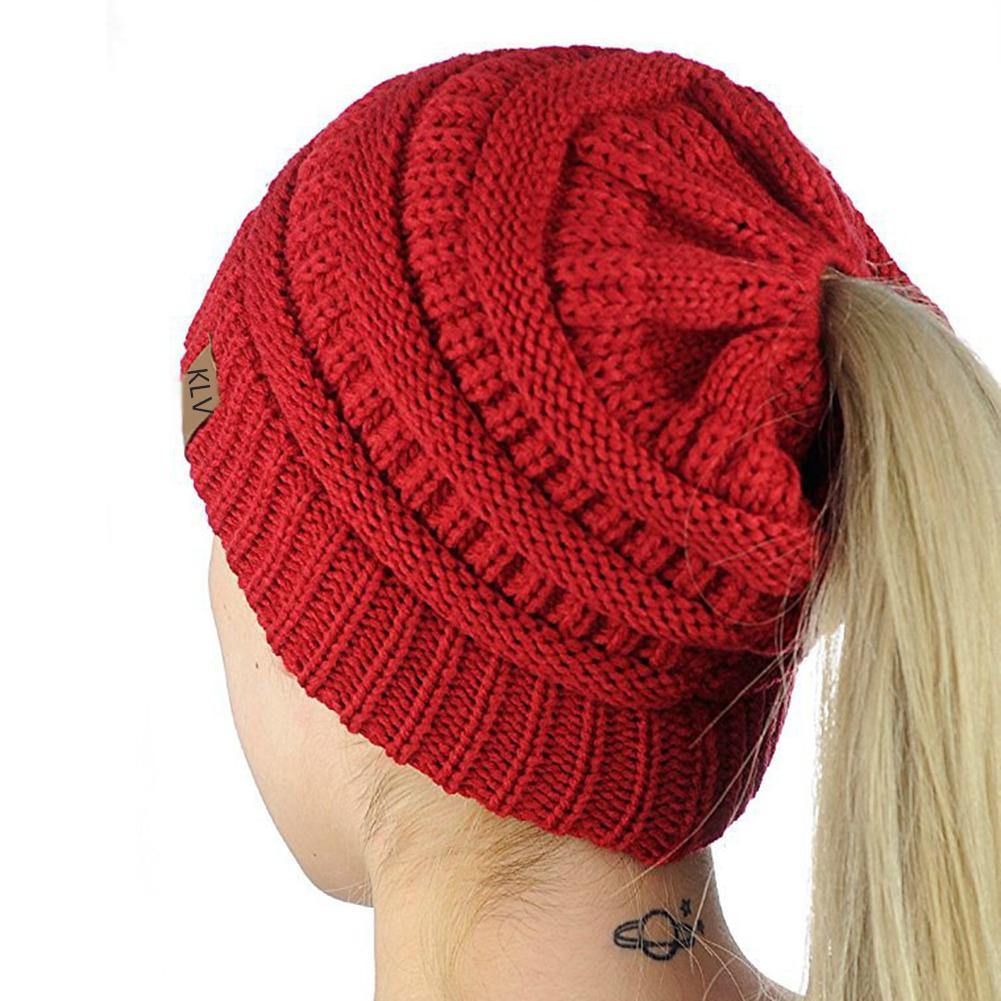 Fashion Women Soft Knitted Bun Ponytail Hat Crochet Warm Sports Beanie Cap - MRSLM