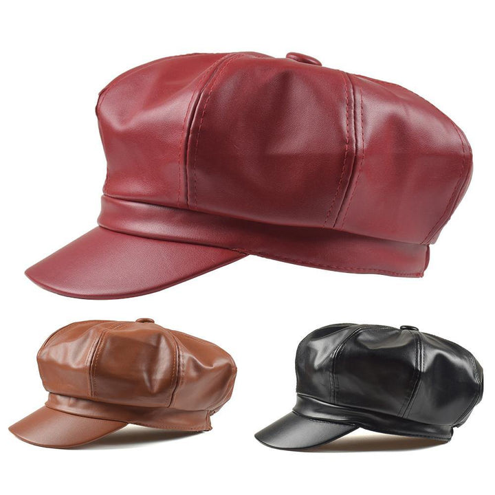Women Vintage Faux Leather Solid Color Outdoor Beret Painter Flat Hat Peaked Cap - MRSLM