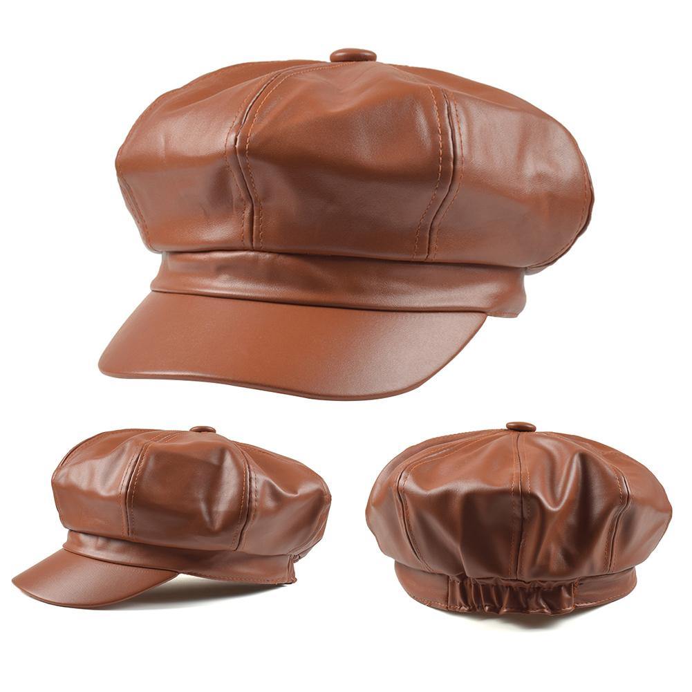 Women Vintage Faux Leather Solid Color Outdoor Beret Painter Flat Hat Peaked Cap - MRSLM