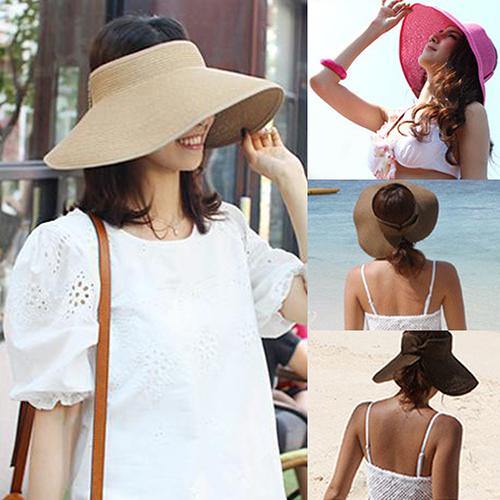 Girl Lady Beach Sun Visor Foldable Roll Up Fashion Wide Brim Straw Hat Cap - MRSLM