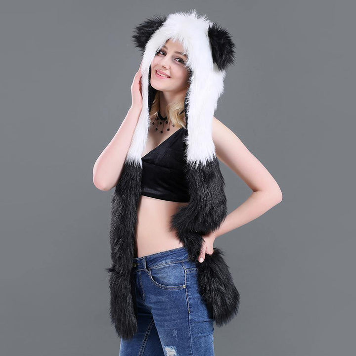 Women Winter Cartoon Wolf Hood Hat with Scarves Mittens Ears Paws Warm Outwear - MRSLM