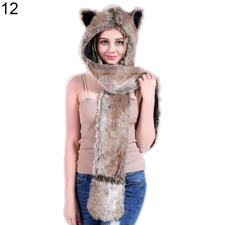 Women Winter Cartoon Wolf Hood Hat with Scarves Mittens Ears Paws Warm Outwear - MRSLM