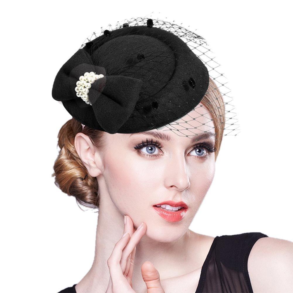 Vintage Solid Color Mesh Faux Pearl Women Fascinator Hair Clip Party Derby Hat - MRSLM