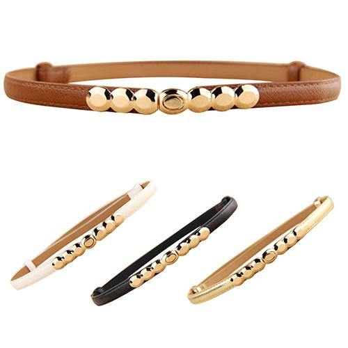 Women Faux Leather Belt Gold Tone Alloy Buckle Thin Girdle Waistband Adjustable - MRSLM
