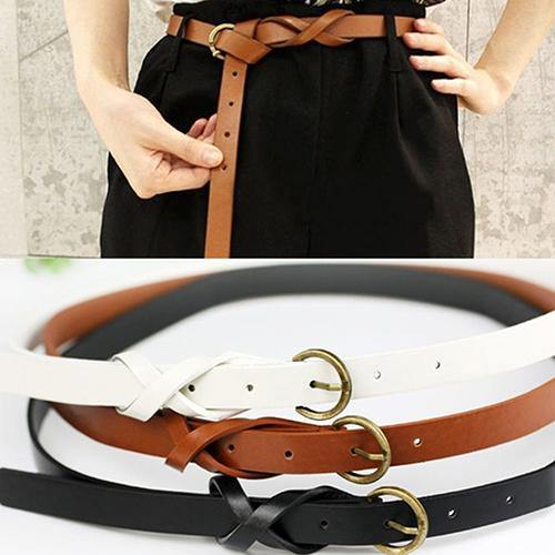 Women's Vintage Simple Thin Waist Belt Metal Buckle Skinny Faux Leather Belt - MRSLM