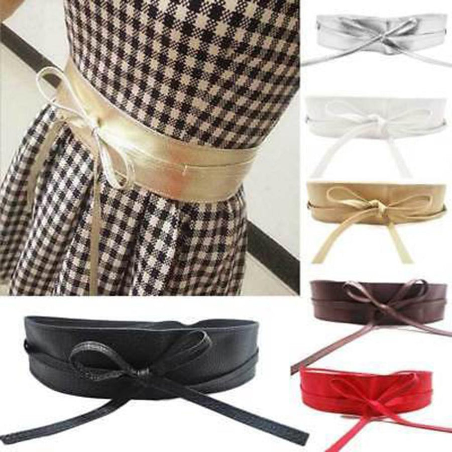 Fashion Solid Color Faux Leather Waist Belt Wrap Tie Wide Corset Dress Decor - MRSLM