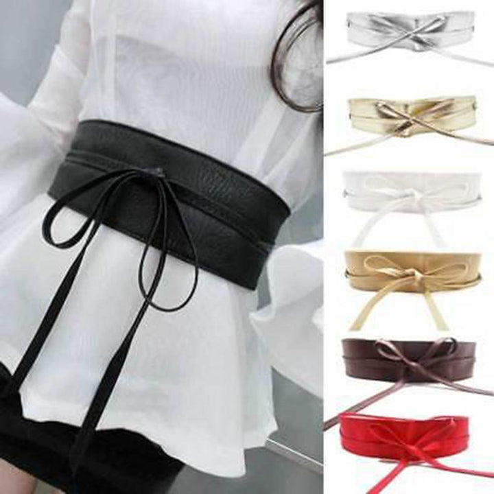 Fashion Solid Color Faux Leather Waist Belt Wrap Tie Wide Corset Dress Decor - MRSLM