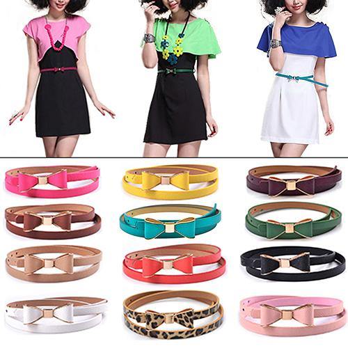 Women's Fashion Candy Color Bowknot Faux Leather Thin Skinny Waistband Belt Sash - MRSLM