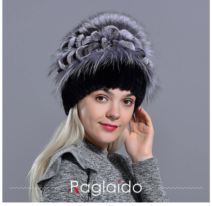 winter hat knitted women's natural mink fur hat fox pompom rabbit flowers stylish warm fashion girls real fur hats - MRSLM