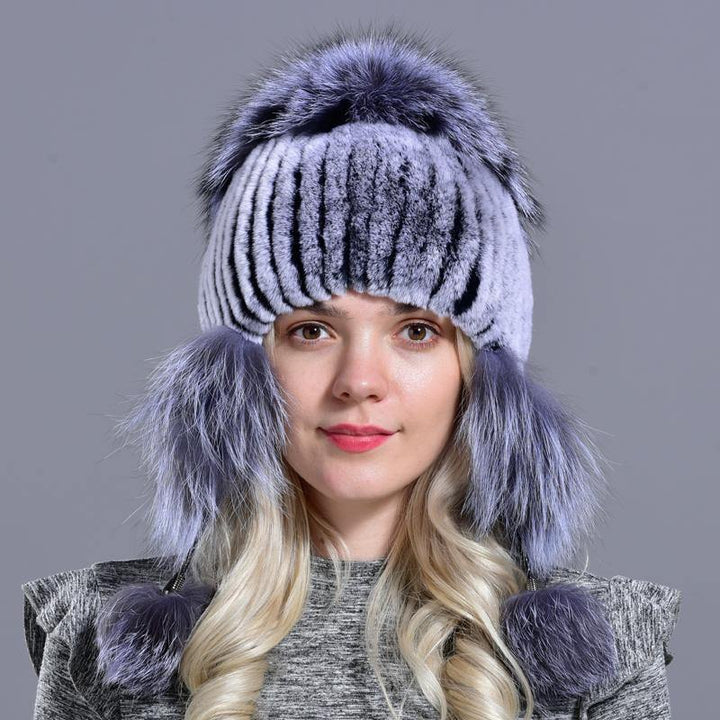 winter hat for women warm natural geniune rex rabbit fur knitted hats with earflaps handsewn fashionable bomber hat - MRSLM