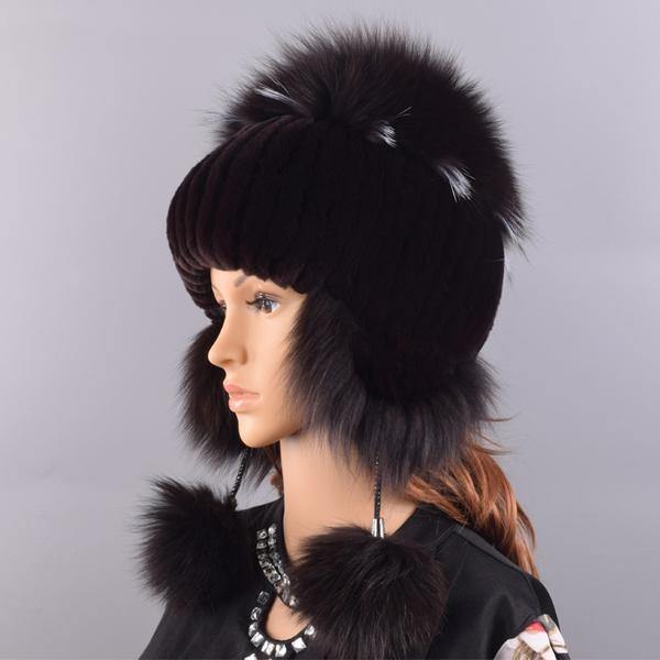 winter hat for women warm natural geniune rex rabbit fur knitted hats with earflaps handsewn fashionable bomber hat - MRSLM