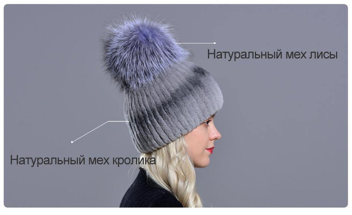 women's winter fur hats natural rex rabbit fur pompom knitted warm elastic fashionable fluffy thick outdoor genuine real fur hat - MRSLM
