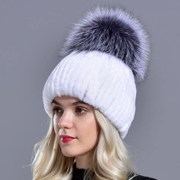 women's winter fur hats natural rex rabbit fur pompom knitted warm elastic fashionable fluffy thick outdoor genuine real fur hat - MRSLM