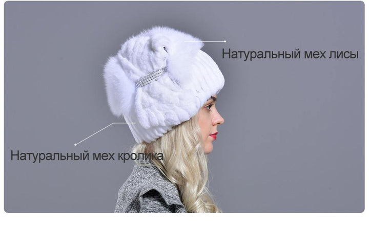 winter warm hats women natural rabbit fur thick diamond fashionable stylish girls outdoor hat accessory white snow caps - MRSLM