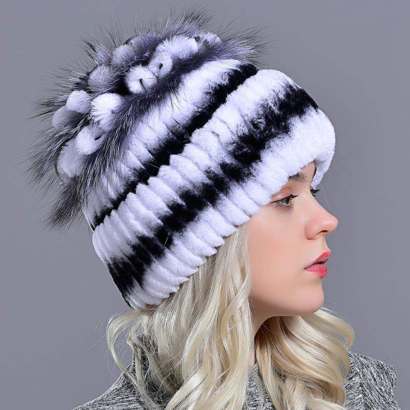 fur hats for women winter warm rex rabbit natural fur thick turn over floral stylish girls outdoor knitted real fur hat - MRSLM