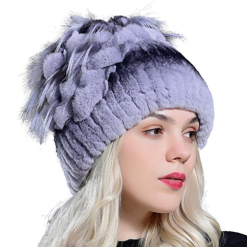 rabbit rex fur hats knit real fur women fox winter beanies warm hat natural fur fluffy stylish floral girls hat - MRSLM