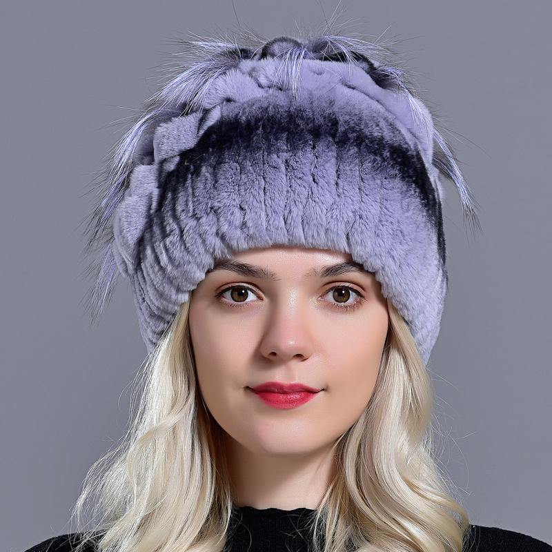 rabbit rex fur hats knit real fur women fox winter beanies warm hat natural fur fluffy stylish floral girls hat - MRSLM
