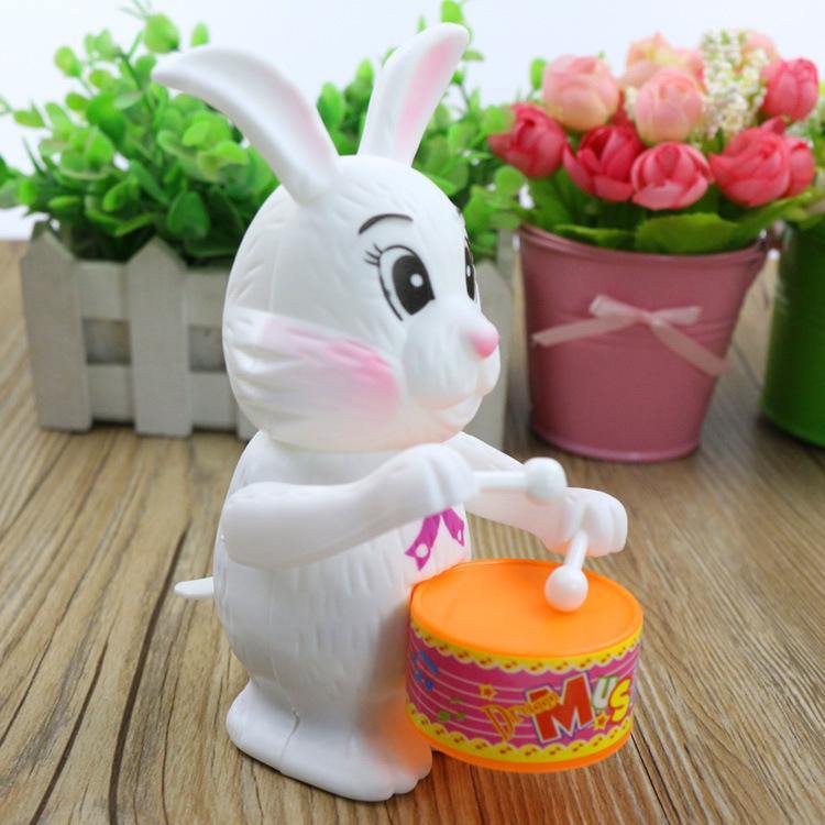 Cartton Rabbit Drumming Clockwork Wind-up Toys for Children Funny Game Educational Baby Birthday Surprises (White) - MRSLM