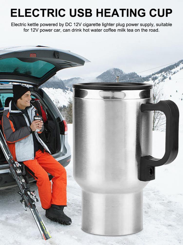 Stainless Steel Vehicle Heating Cup Electric Heating Car Kettle Camping Travel Kettle Water Coffee Milk Thermal Mug (Silver) - MRSLM