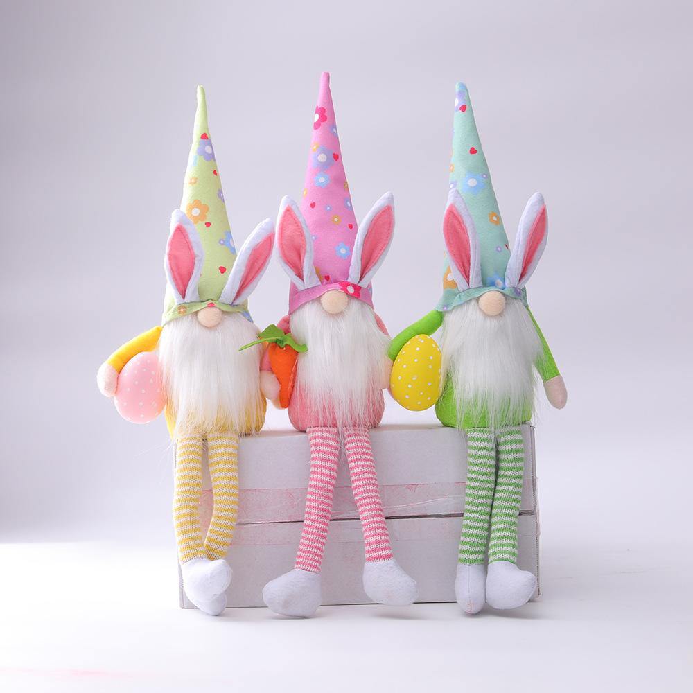 Bunny Elf Hold Egg Plush Cloth Doll Harvest Easter Rabbit Gnome Doll Long Mustache Faceless Slender Legs Bunny Elf - MRSLM
