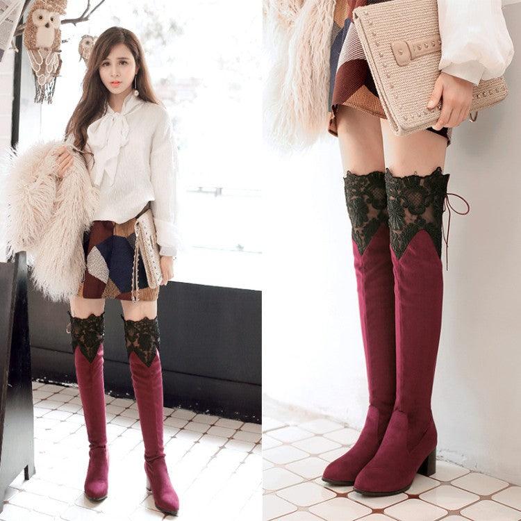 Increased Female Boots Sexy Knee High-heeled Boots Inside Hollow Lace - MRSLM