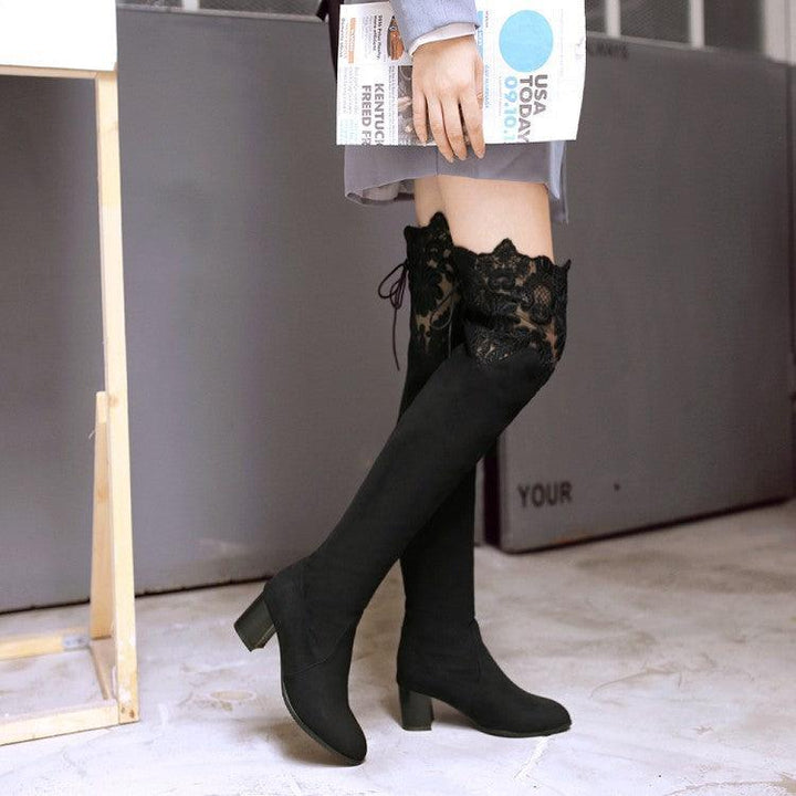 Increased Female Boots Sexy Knee High-heeled Boots Inside Hollow Lace - MRSLM