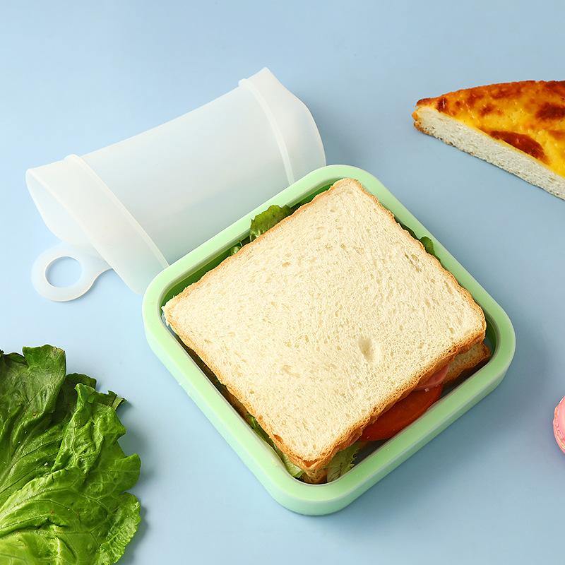 Portable Silicone Sandwich Toast Lunch Box Bento Box Microwave Fridge Food Storage Container Bags (Green) - MRSLM