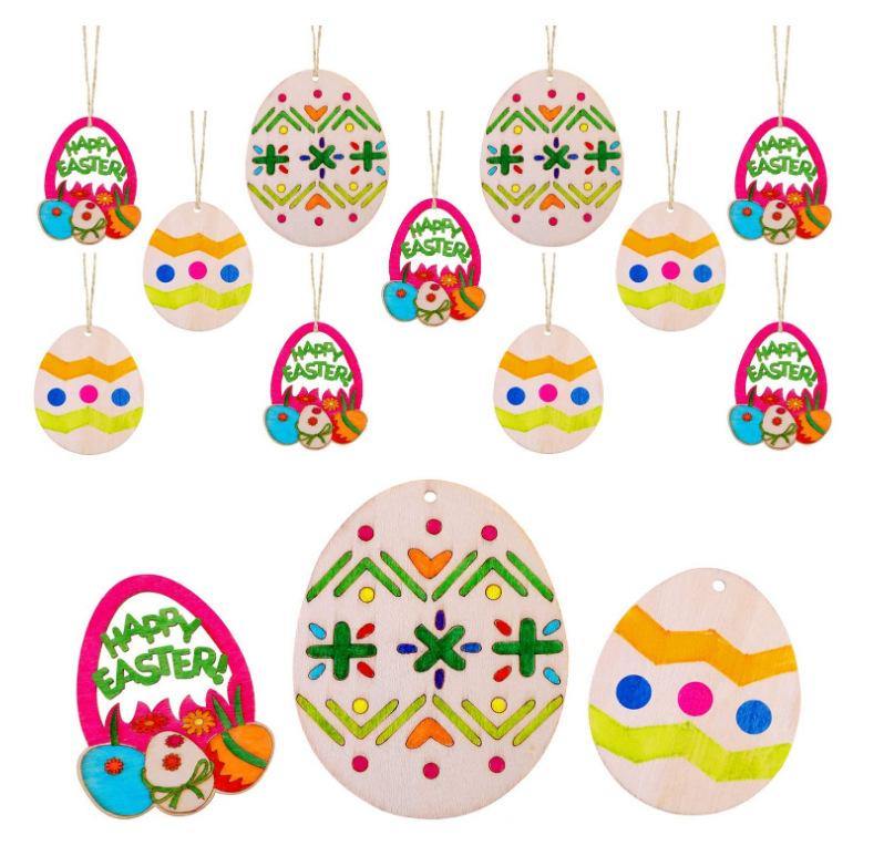 Easter Day Party Home Decoration Pendant DIY Carved Wooden Egg Pendant Wooden Crafts - MRSLM