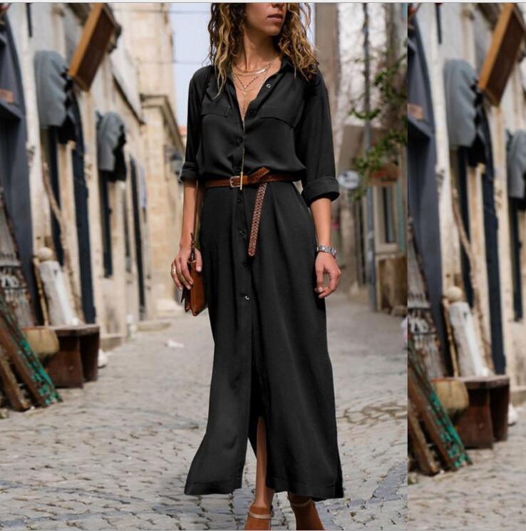 Women's Split Long Dress Skirt - Solid Color, Long Sleeves for Elegant Look - MRSLM