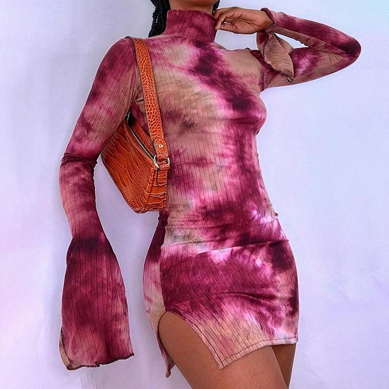 Flared Sleeve Sexy High Slit Bag Hip Print Dress - MRSLM