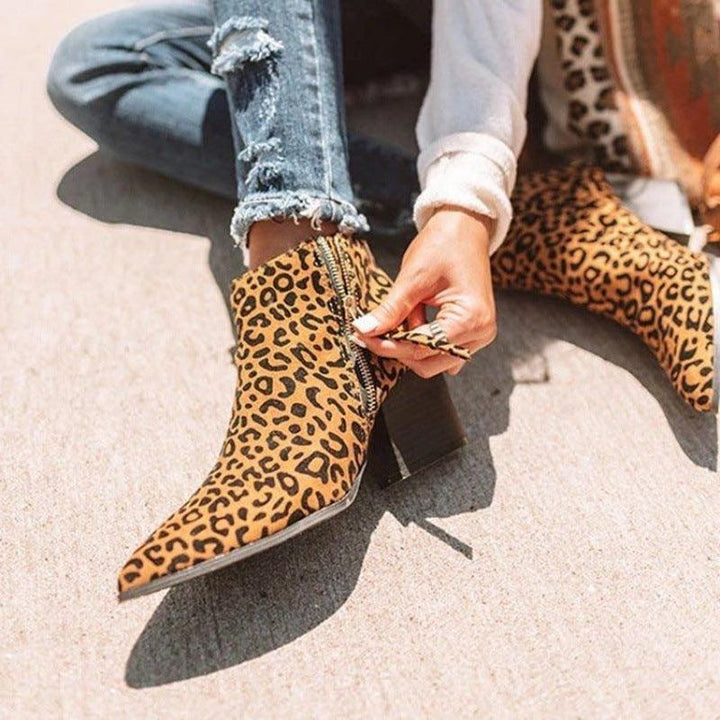 Low Heel Round Toe Side Zip Leopard Print Ankle Boots - MRSLM