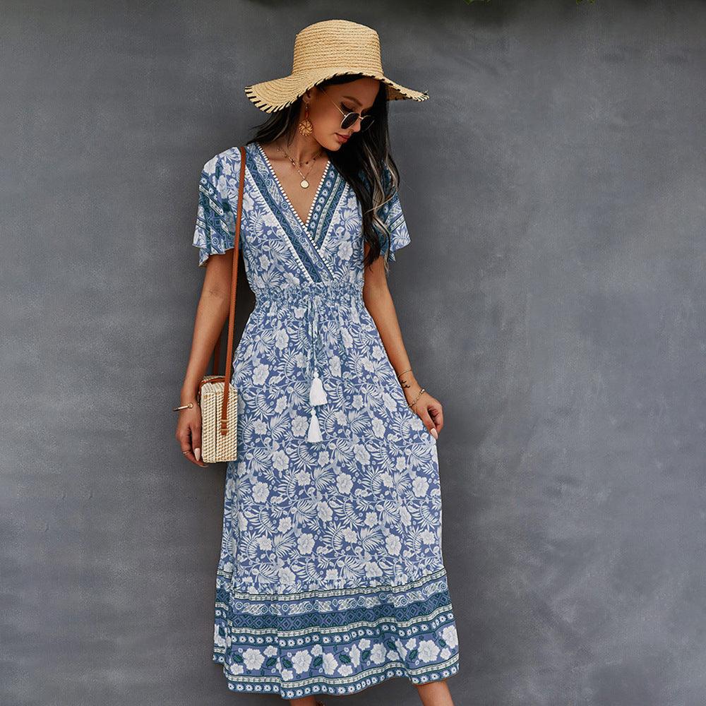 2021 Bohemian Dress Summer Women Clothing Loose V-Neck Casual Beach Sundresses - MRSLM
