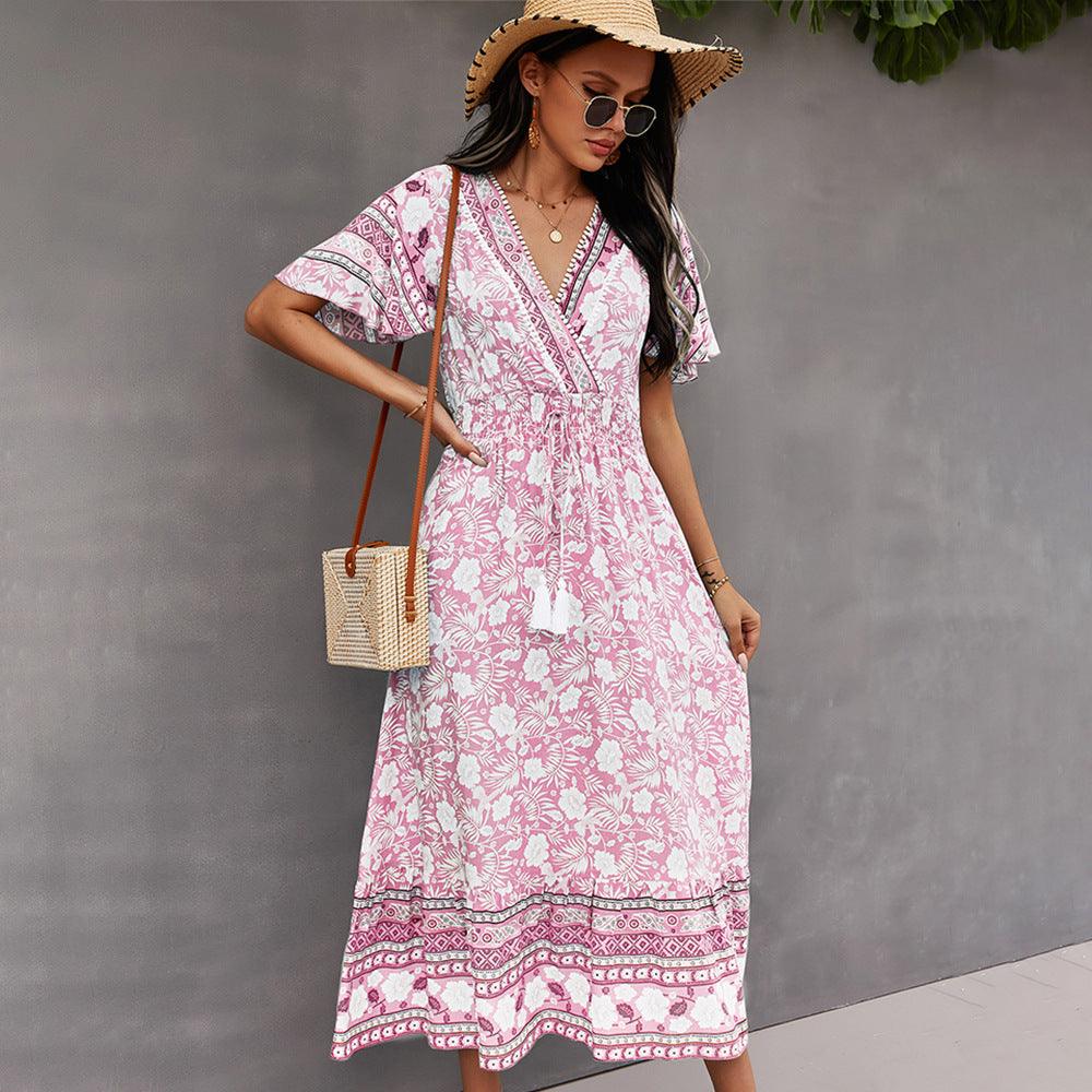 2021 Bohemian Dress Summer Women Clothing Loose V-Neck Casual Beach Sundresses - MRSLM