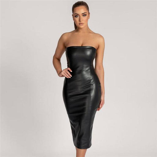 Slim PU leather tube dress with rear slit, view 4 - MRSLM