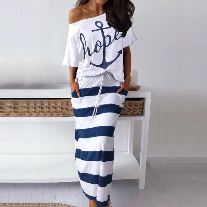 Spot Amazon Bay Navy Wind Casual Anchor Print Short Sleeve T-shirt Skirt Set - MRSLM