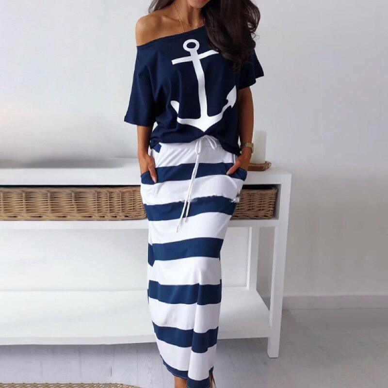 Spot Amazon Bay Navy Wind Casual Anchor Print Short Sleeve T-shirt Skirt Set - MRSLM