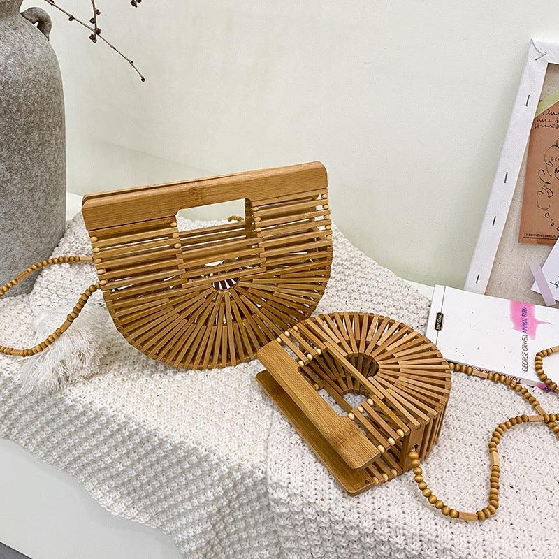 hollow woven bamboo round bag, view 3 - MRSLM