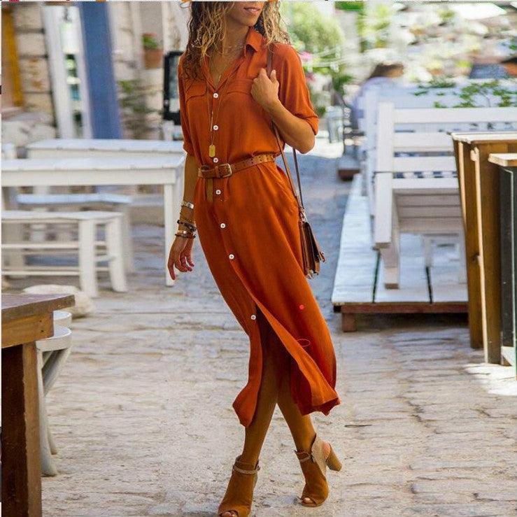 Women's Split Long Dress Skirt - Solid Color, Long Sleeves for Elegant Look - MRSLM
