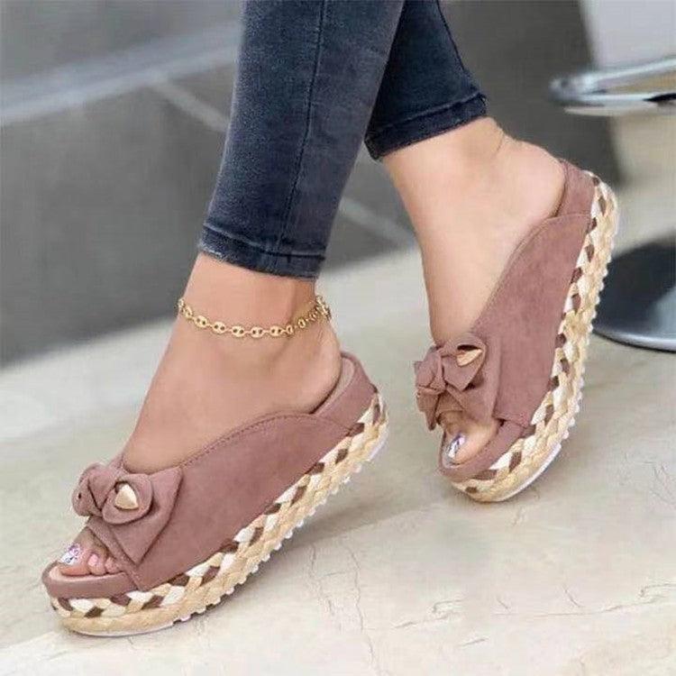 Sandals And Slippers Women's Thick Soled Casual Roman Ladies Bow Slippers - MRSLM