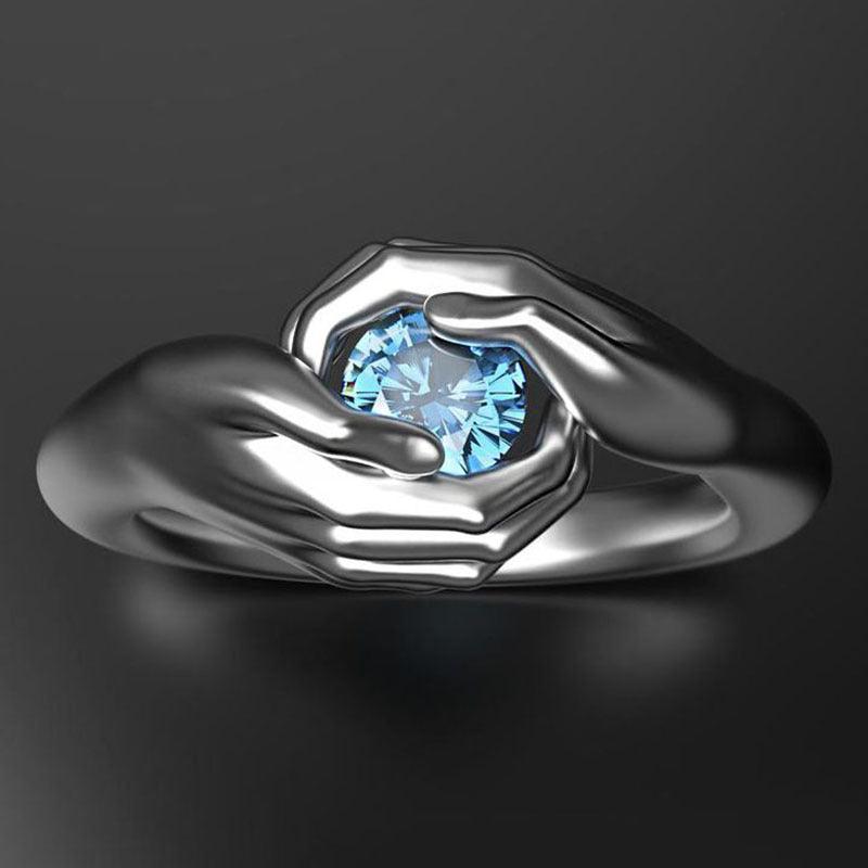Exquisite Hands Embrace Blue Crystal Zircon Ring Elegant Female Wedding Engagement Silver Color Ring Fashion Love Jewelry Gift - MRSLM