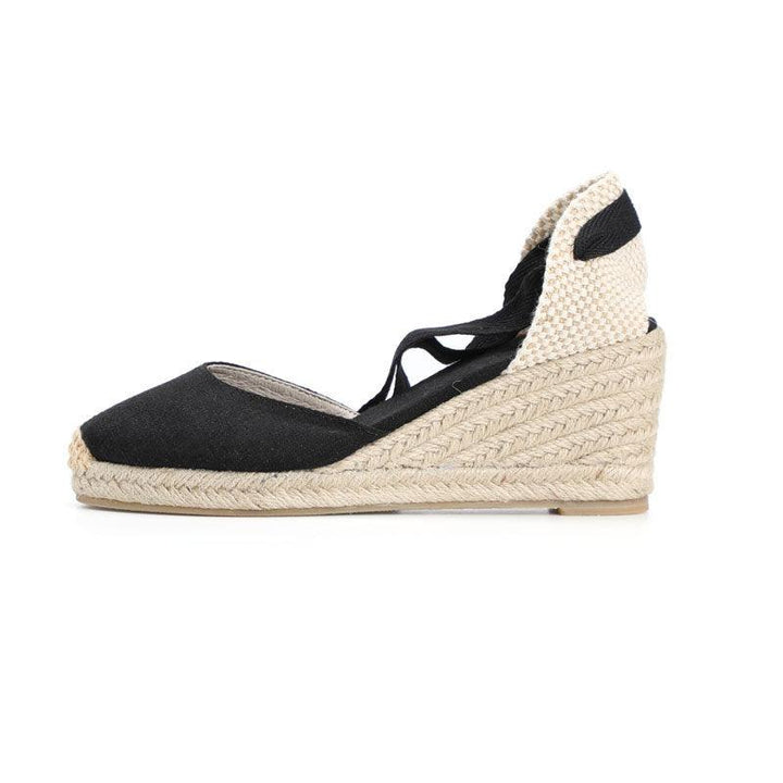 Hemp Rope Straw Sandals Sponge Cake Thick-soled Wedges With Baotou Linen - MRSLM