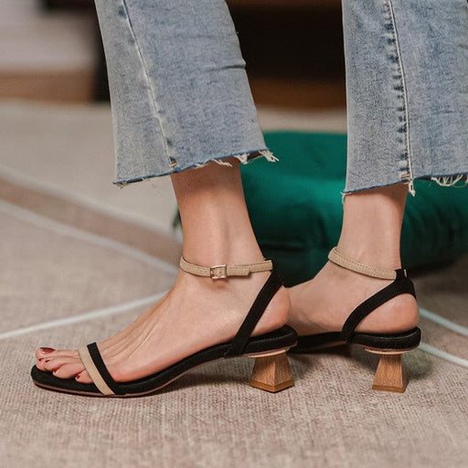Women's mid-heel buckle open-toe leather sandals - MRSLM