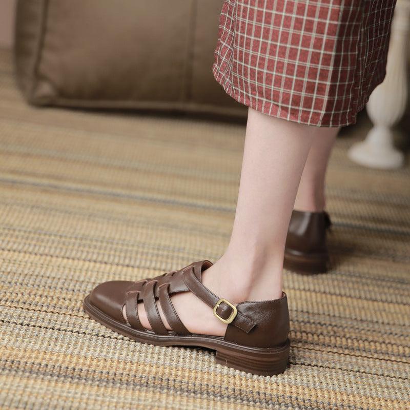 Flat-bottomed Buckle With Hollow Retro Casual Roman Women's Shoes - MRSLM